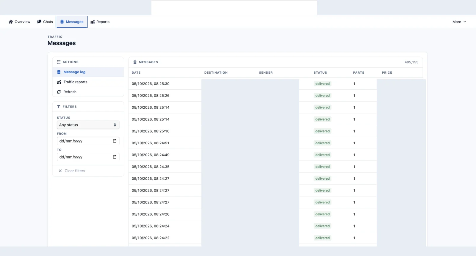 Registro messaggi del Customer Portal con filtri per stato e data, destinatario, mittente, stato di consegna, parti del messaggio e prezzo